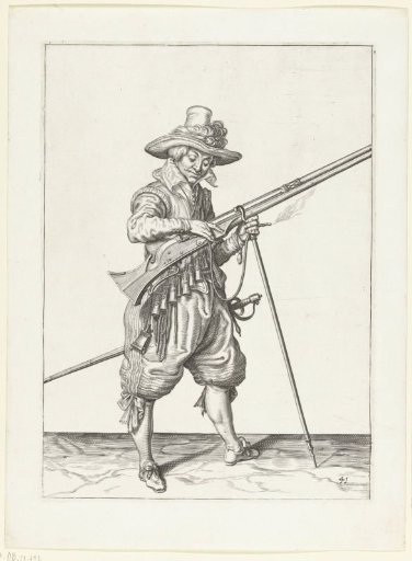 Sentry pressing the match onto the flintlock of his musket