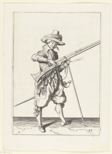 Sentry adjusting the match on the flintlock of his musket