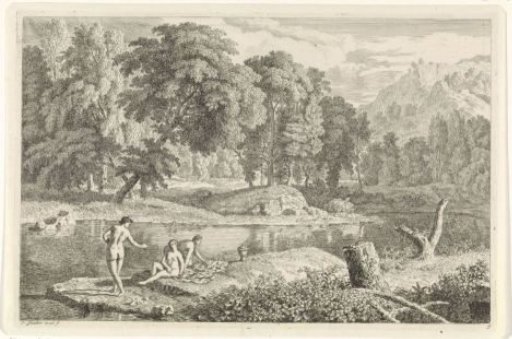 Arcadian landscape with a river and three bathing women