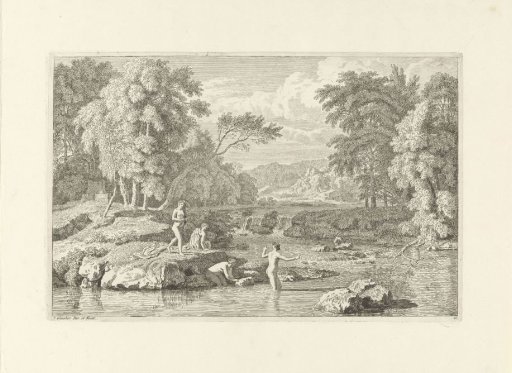 Arcadian landscape with four bathing women