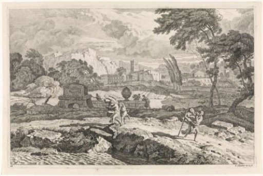 Arcadian landscape with walkers in a storm
