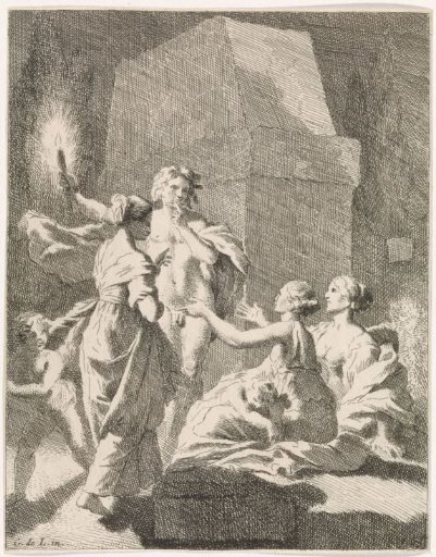 Man with a torch by a sarcophagus