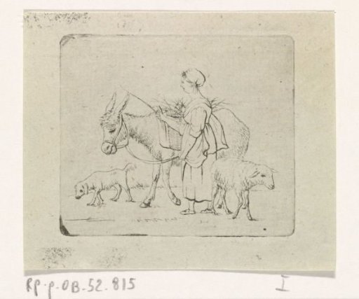 Shepherdess with mule, sheep and dog