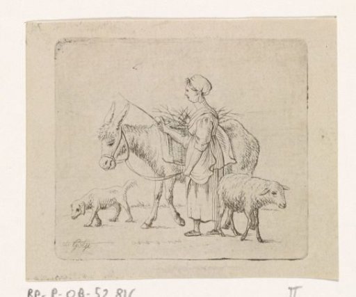 Shepherdess with mule, sheep and dog