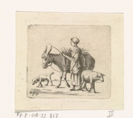 Shepherdess with mule, sheep and dog