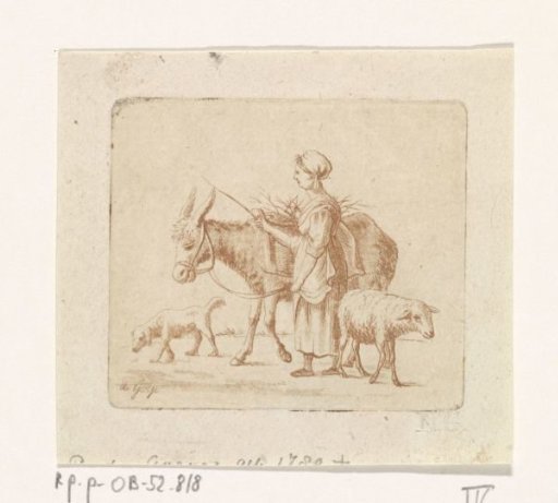 Shepherdess with mule, sheep and dog