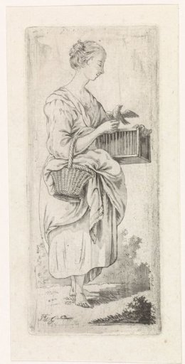 Woman with birdcage and basket
