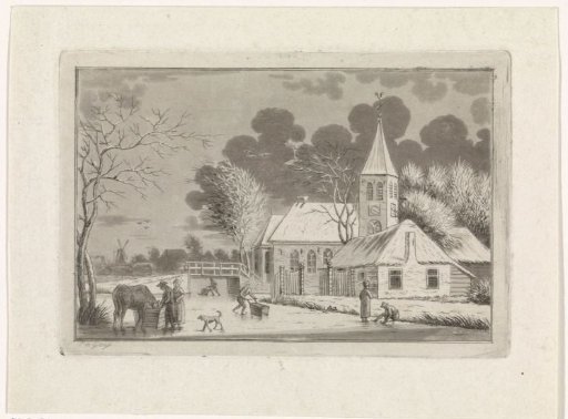Winter landscape with a church and a frozen river