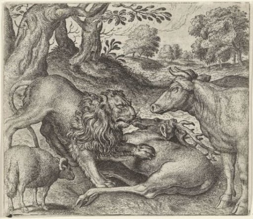 Fable of the Lion, the Cow and the Sheep Hunting