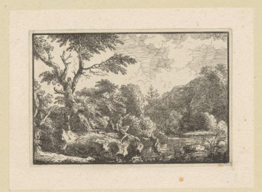Landscape with a Figure Wading Through Water and Two Resting on a Rock