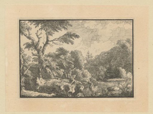 Landscape with a Figure Wading Through Water and Two Resting on a Rock