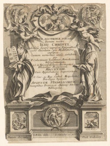 Cartouche with two church fathers and scenes from the New Testament