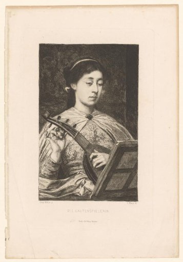 Lute player before a music stand with sheet music