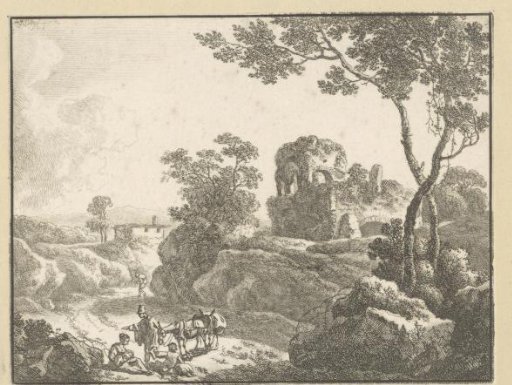 Landscape with a ruin and resting travelers with their donkeys
