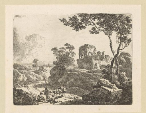 Landscape with a ruin and resting travelers with their donkeys