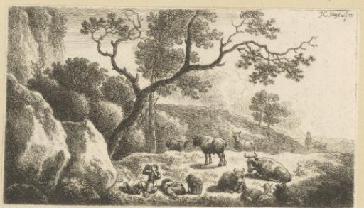 Landscape with resting shepherds and a herd of cattle and sheep