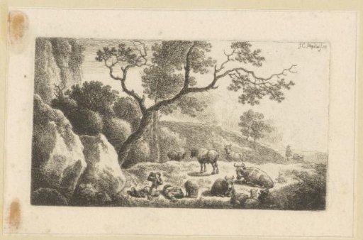 Landscape with resting shepherds and a herd of cattle and sheep
