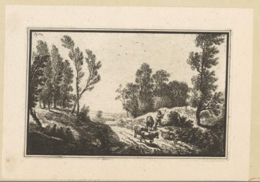 Landscape with a shepherd and three cattle on a path between trees