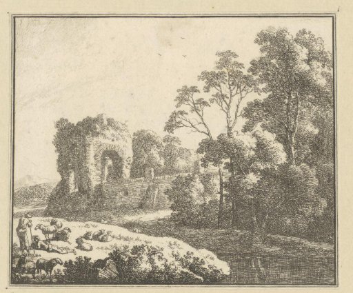 Landscape with a ruin and shepherds with sheep