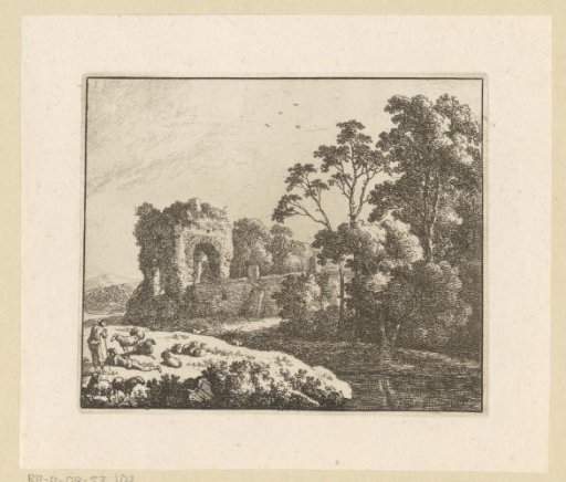 Landscape with a ruin and shepherds with sheep