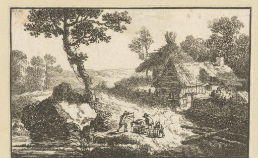 Landscape with a farm and men moving barrels