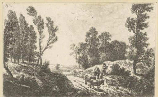 Landscape with a shepherd with three cattle on a path between trees