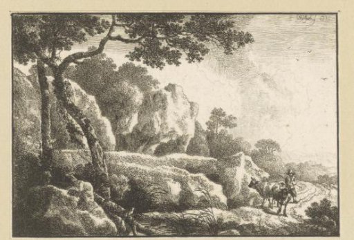 Rocky landscape with a shepherd and two cattle