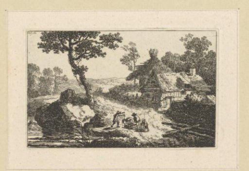 Landscape with a farm and men moving barrels