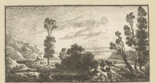 Landscape with shepherds and cattle at sunset
