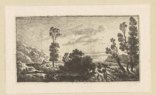 Landscape with shepherds and cattle at sunset
