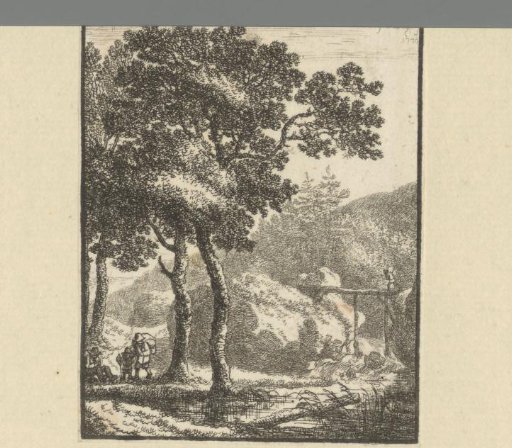 Landscape with travellers and a wooden bridge at a waterfall
