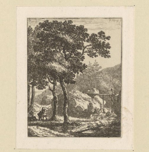 Landscape with travellers and a wooden bridge at a waterfall
