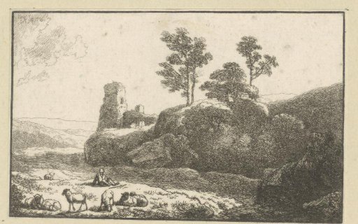 Landscape with a ruin and a shepherd with a flock of sheep