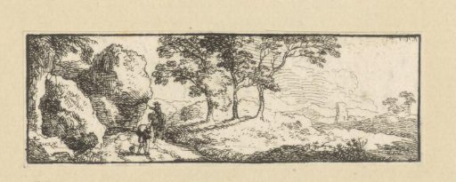 Landscape with travellers on a path along rocks