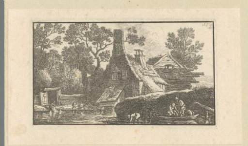 Landscape with activities at a farm by the water