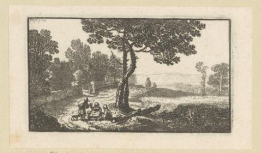 Landscape with travellers under a tree at the edge of a village