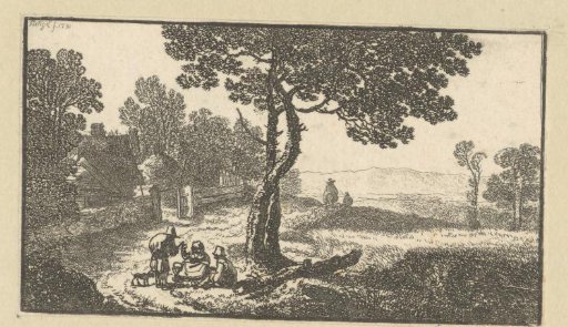 Landscape with travellers under a tree at the edge of a village