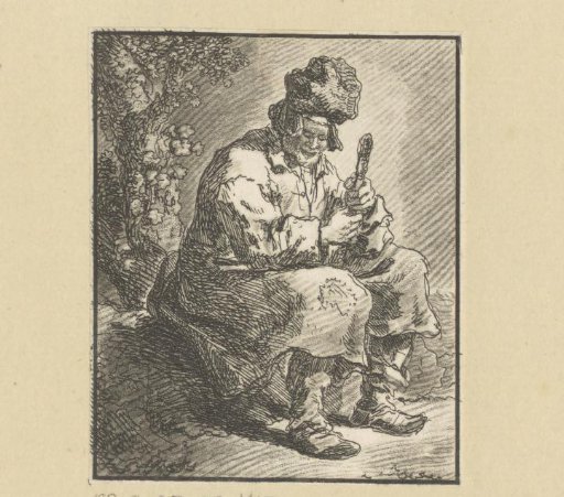 Man with staff and turban sitting on a tree stump