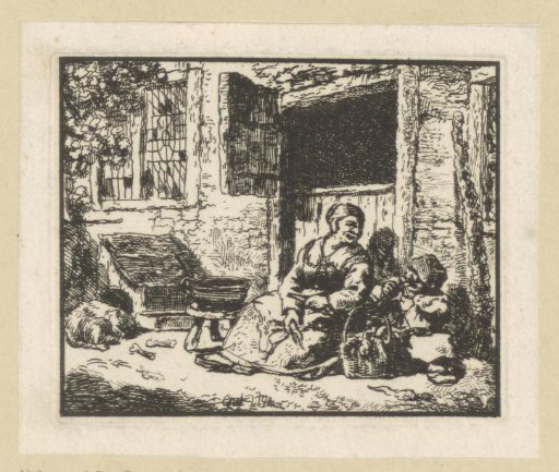 Woman and child cleaning vegetables in front of the door