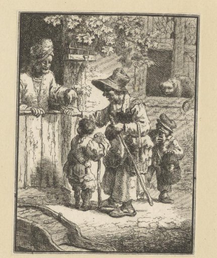 Beggar with two children receiving alms