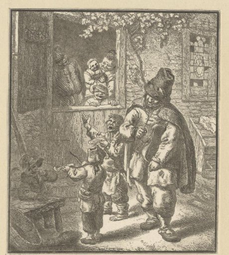 Street musicians at an open window with listeners