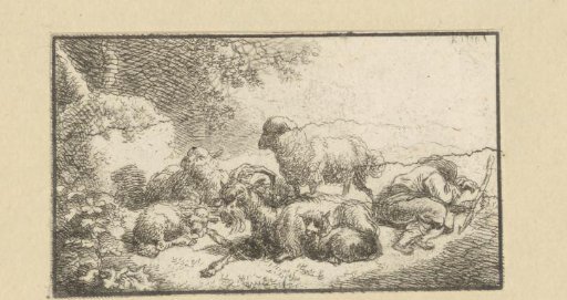 Landscape with goat and sheep by a sleeping shepherd