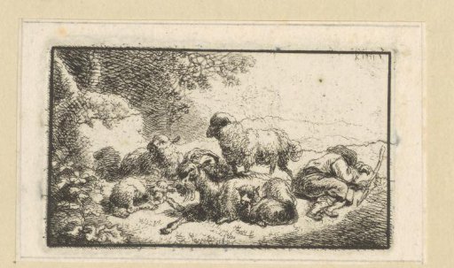 Landscape with goat and sheep by a sleeping shepherd