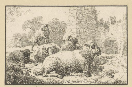 Landscape with six sheep by a ruin
