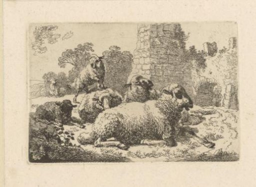 Landscape with six sheep by a ruin