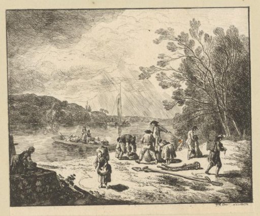Landscape with a bank where men load goods from a boat