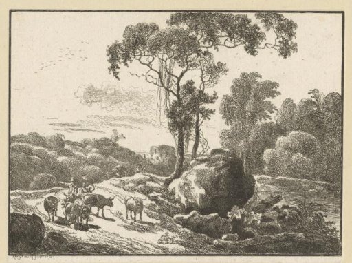 Landscape with a ruin, shepherds and cattle by a tree with vines and a boulder