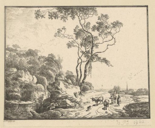 Landscape with a rider and a shepherd with two cattle by a tree with vines at the water