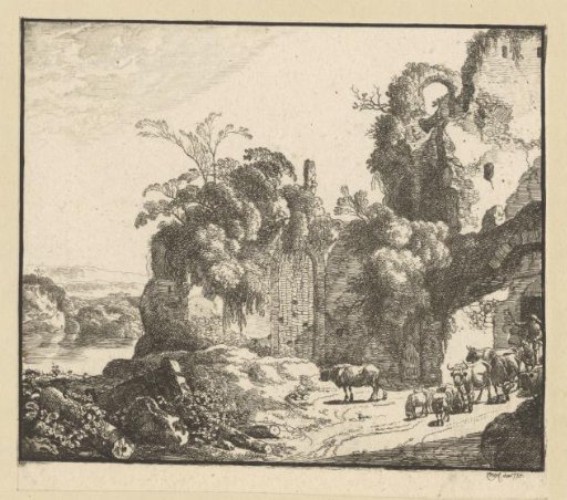Landscape with a ruin and a shepherd on horseback with his flock