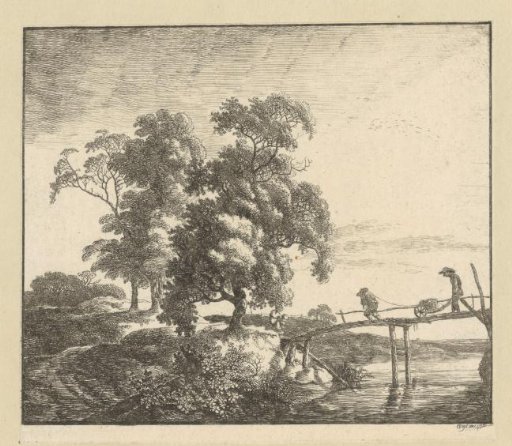 Landscape with two men with wheelbarrows on a wooden bridge